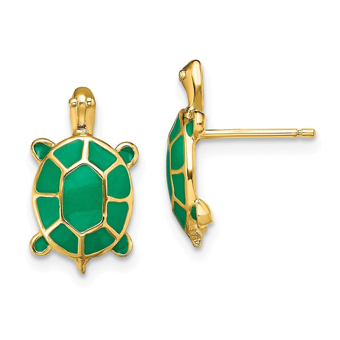 Million Charms 14k Yellow Gold LAND TURTLE with GREEN ENAMEL SHELL EARRING, 15.15mm x 8.8mm