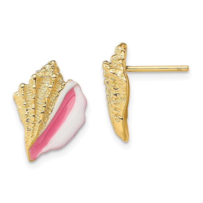 Million Charms 14k Yellow Gold White &  Pink Enamel Conch Shell Post Earrings, 13.9mm x 10.3mm