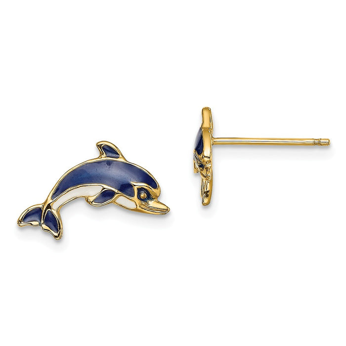 Million Charms 14k Yellow Gold Blue & White Enamel Dolphin Post Earrings, 8.3mm x 14.8mm