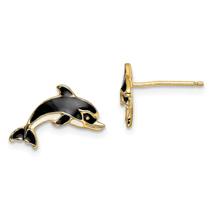 Million Charms 14k Yellow Gold White & Black Enamel Dolphin Post Earrings, 8.3mm x 14.8mm