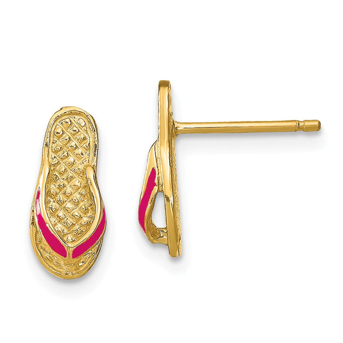 Million Charms 14k Yellow Gold with Fuschia Enamel Single Flip-Flop Post Earrings, 11mm x 5mm