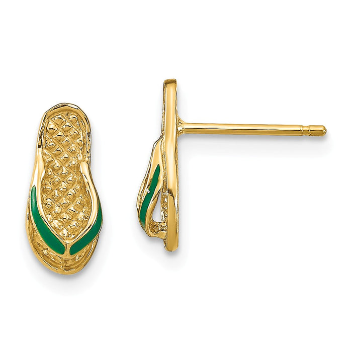 Million Charms 14k Yellow Gold with Green Enamel Flip-Flop Earrings,