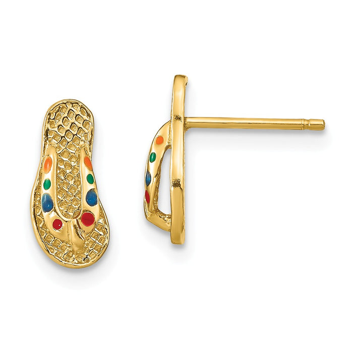 Million Charms 14k Yellow Gold with Multi-Color Enamel Flip-Flop Earrings, 11mm x 5mm