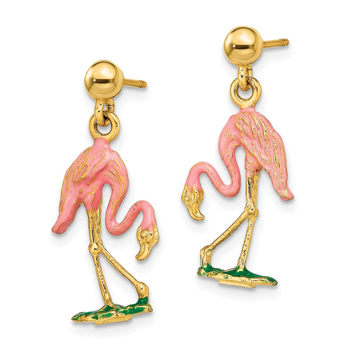 Million Charms 14k Yellow Gold with Enamel 3-D Flamingo Dangle Earrings, 24.22mm x 11.25mm