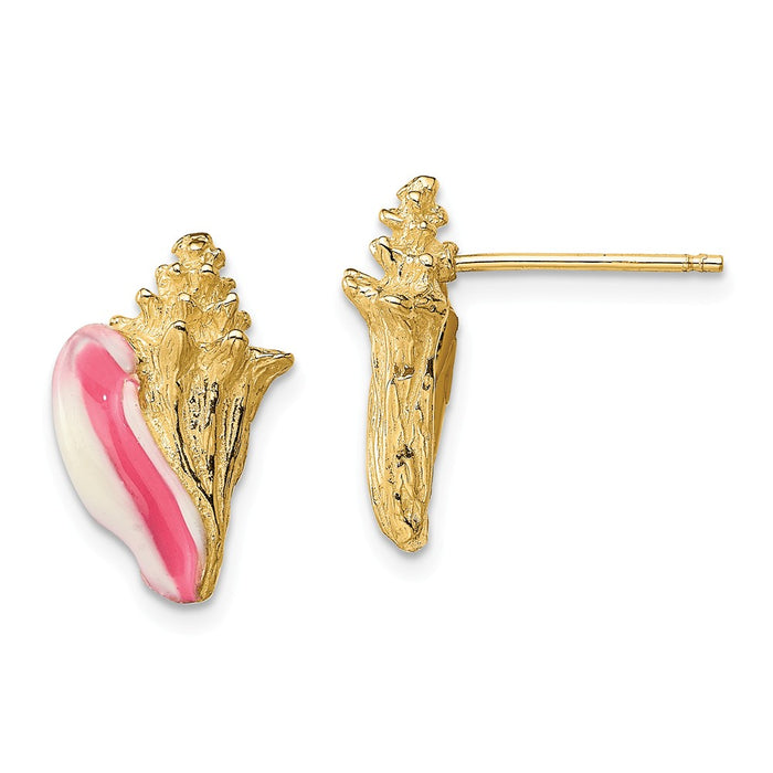 Million Charms 14k Yellow Gold White &  Pink Enamel Conch Shell Post Earrings, 15.4mm x 9.4mm