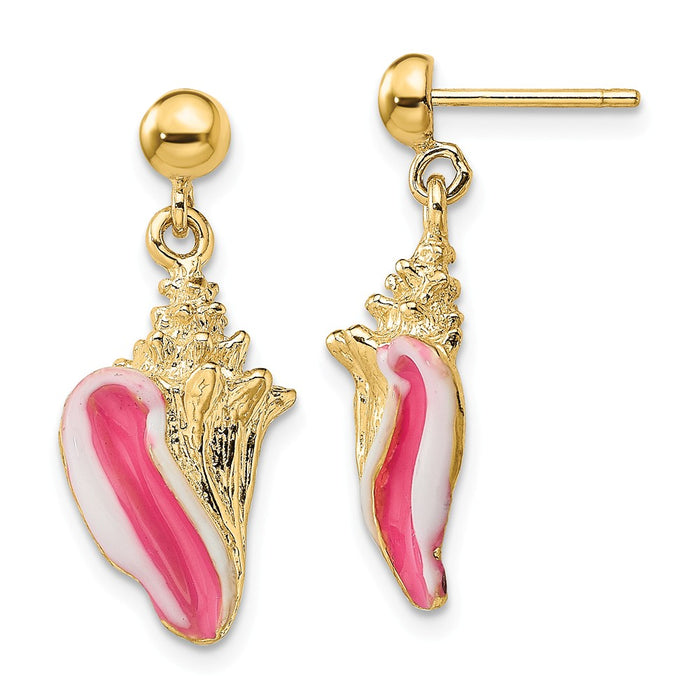 Million Charms 14k Yellow Gold White &  Pink Enamel Conch Shell Dangle Earrings, 15.6mm x 10.1mm