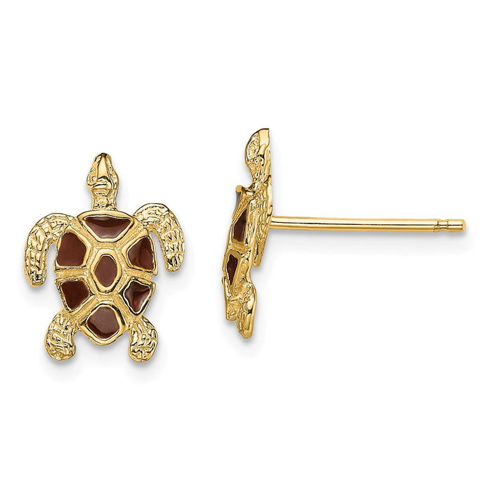 Million Charms 14k Yellow Gold SEA TURTLE POST EARRING with BROWN ENAMEL SHELL / TEXTURED, 11.3mm x 8.75mm