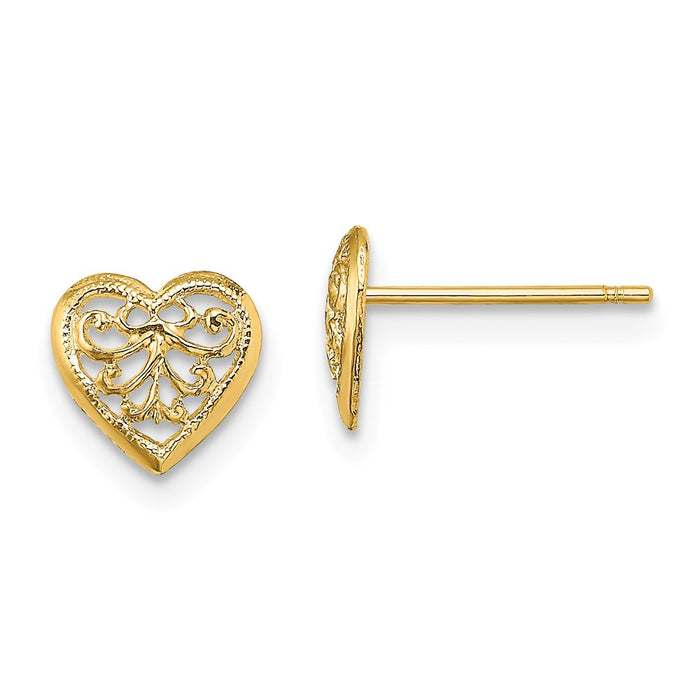 Million Charms 14k Yellow Gold Filigree Heart Post Earrings, 7.25mm x 7.55mm