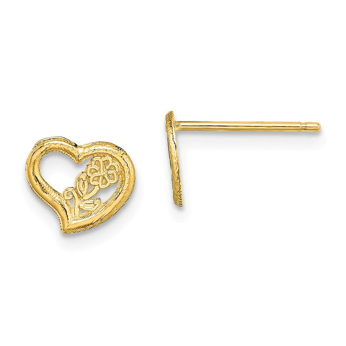 Million Charms 14k Yellow Gold Open Heart with Flower Post Earrings, 8mm x 8mm