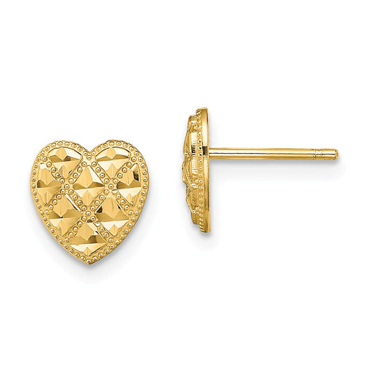 Million Charms 14k Yellow Gold Criss-Cross with Diamond-Cut Heart Post Earrings, 8mm x 8mm
