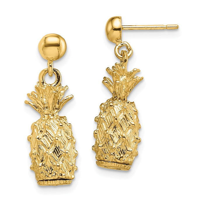 Million Charms 14k Yellow Gold 3-D PINEAPPLE DANGLE EARRINGS (2 OF 2), 21.25mm x 6.57mm