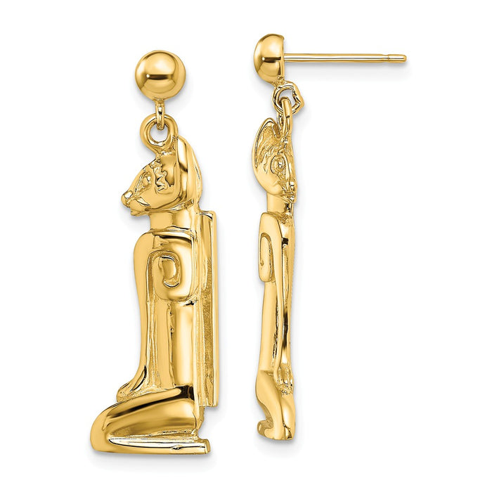 Million Charms 14k Yellow Gold 2-D Marco Island Cat Dangle Earrings, 31.1mm x 10.2mm