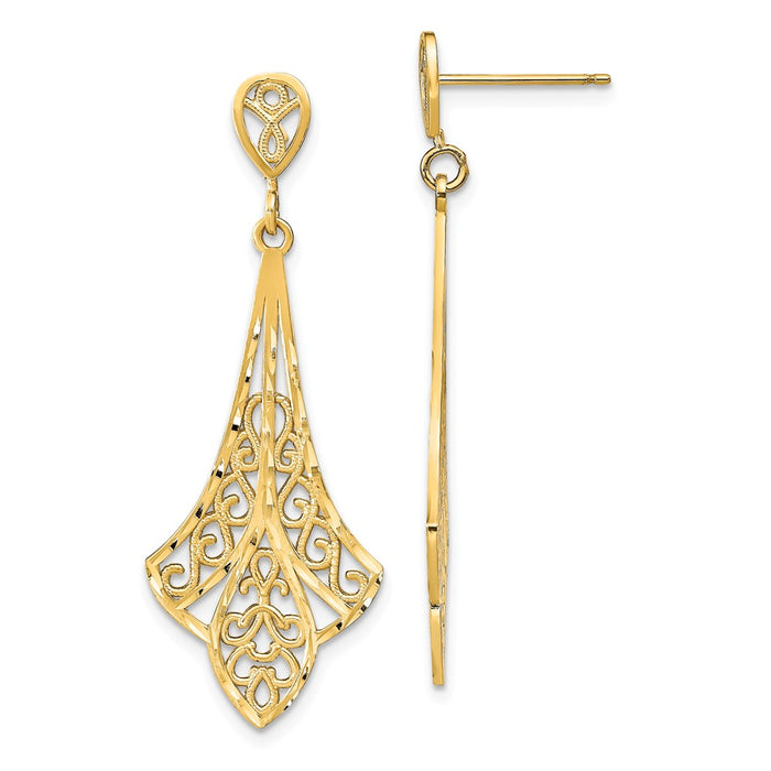 Million Charms 14k Yellow Gold Diamond-Cut Filigree Dangle Post Earrings, 42.3mm x 42.3mm