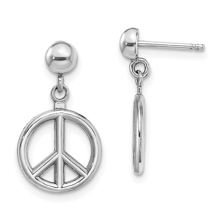 Million Charms 14K White Gold 3-D Peace Symbol Dangle Earrings, 18.5mm x 10.3mm