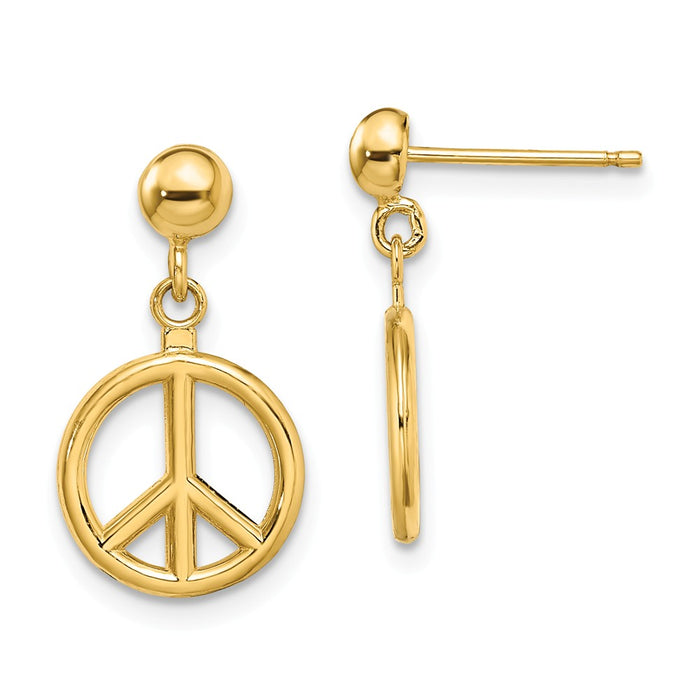 Million Charms 14k Yellow Gold 3-D & Polished Peace Symbol Dangle Earrings, 18.5mm x 10.3mm