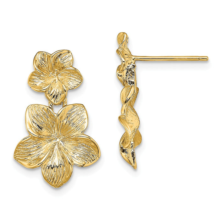 Million Charms 14k Yellow Gold Double Plumeria Flower Post Dangle Earrings, 20mm x 12.7mm