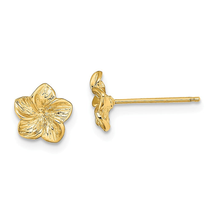 Million Charms 14k Yellow Gold Plumeria Flower Post Earrings, 7.2mm x 7.2mm