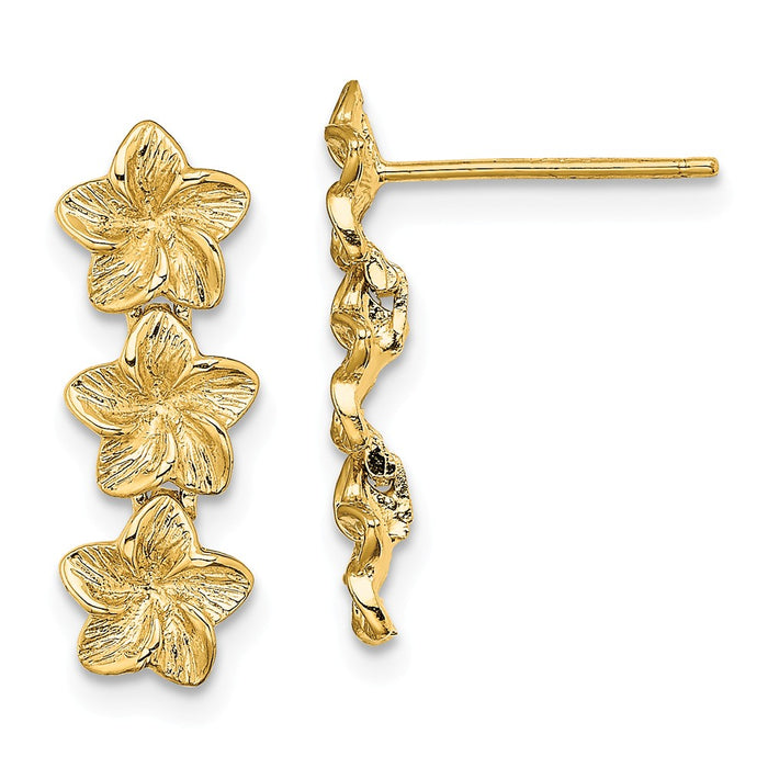 Million Charms 14k Yellow Gold Triple Flower Post Dangle Earrings, 18.3mm x 6.5mm