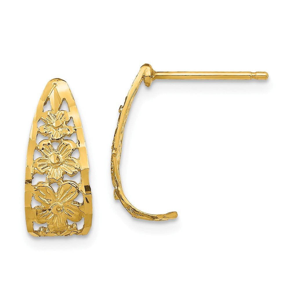 Million Charms 14k Yellow Gold Diamond-Cut Flower Tiered Edge Post Earrings, 17mm x 6mm
