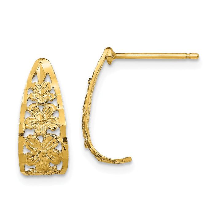 Million Charms 14k Yellow Gold Diamond-Cut Flower Tiered Edge Post Earrings, 17mm x 6mm