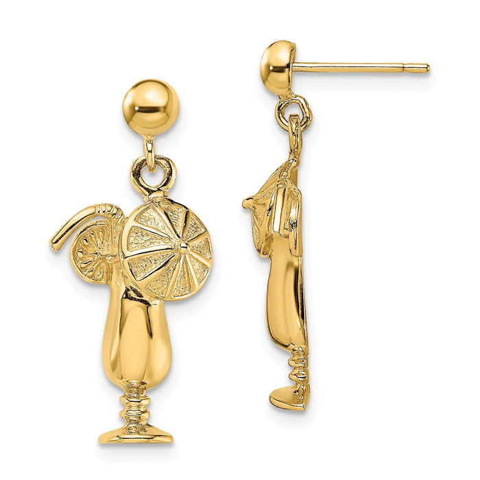 Million Charms 14k Yellow Gold Polished & 2-D Tropical Drink Earrings, 25.5mm x 11.1mm