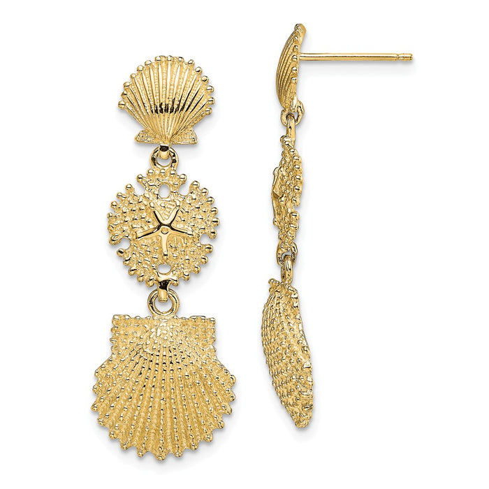 Million Charms 14k Yellow Gold Scallop, Sand Dollar, & Scallop Dangle Earrings, 36.9mm x 13.4mm