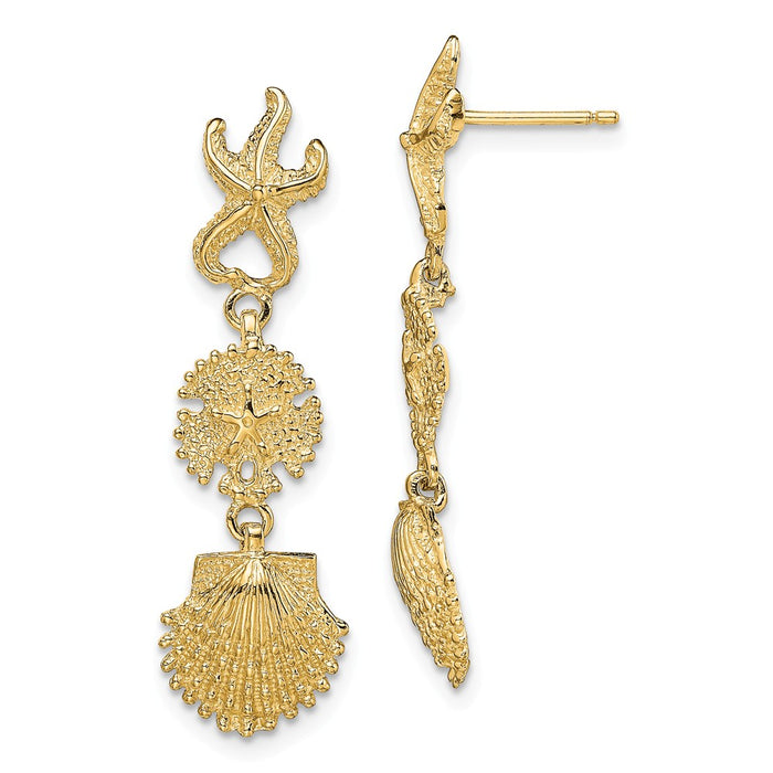 Million Charms 14k Yellow Gold Starfish, Sand Dollar &  Scallop Shell Dangle Earrings, 35.2mm x 10.3mm