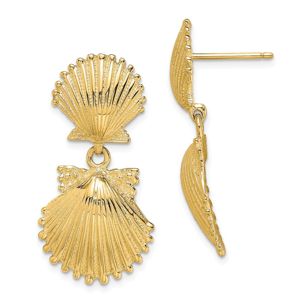 Million Charms 14k Yellow Gold Double Scallop Shell Dangle Earrings, 29.2mm x 14.66mm