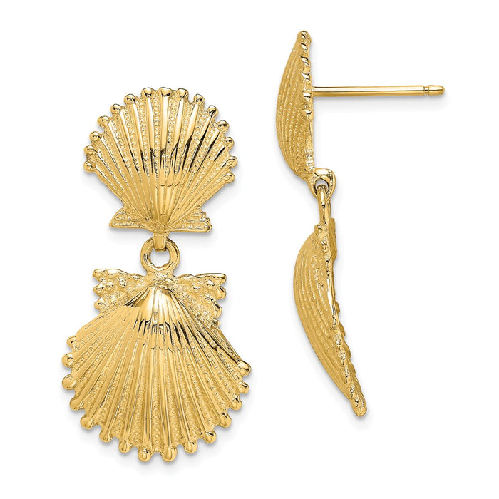 Million Charms 14k Yellow Gold Double Scallop Shell Dangle Earrings, 29.2mm x 14.66mm