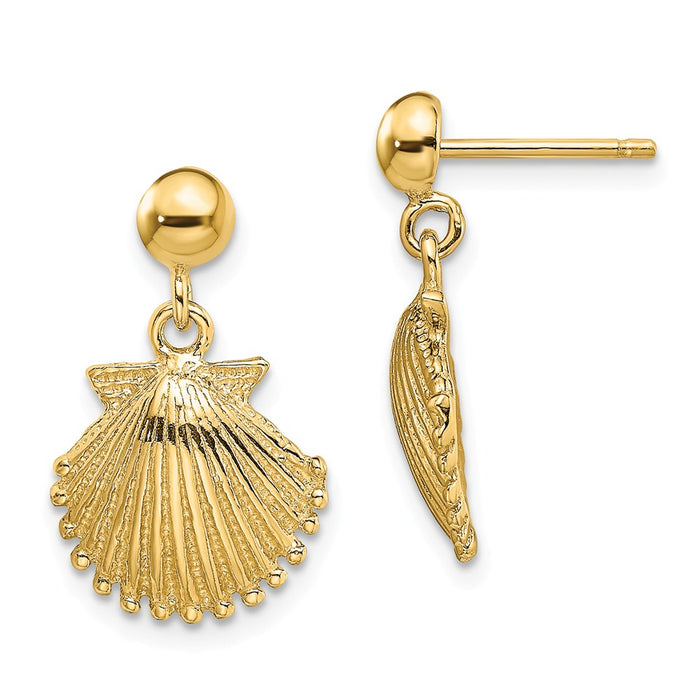 Million Charms 14k Yellow Gold Polished Scallop Shell Dangle Earrings, 17.4mm x 11.02mm