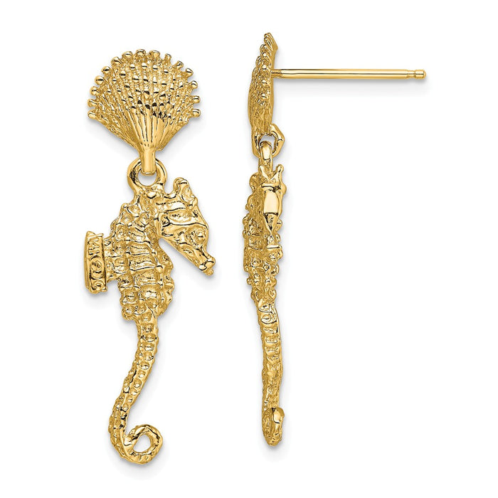 Million Charms 14k Yellow Gold Shell &  Seahorse Dangle Earrings, 28mm x 9mm