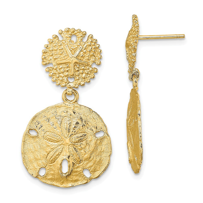 Million Charms 14k Yellow Gold DOUBLE SAND DOLLAR DANGLE EARRINGS / TEXT & HP, 22.8mm x 16.3mm