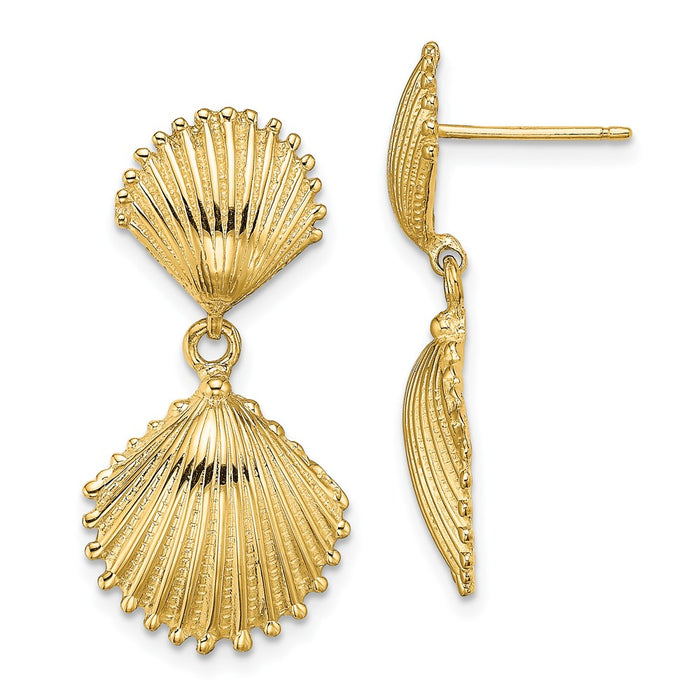 Million Charms 14k Yellow Gold Polished Scallop Shell Dangle Earrings, 29.3mm x 14.6mm