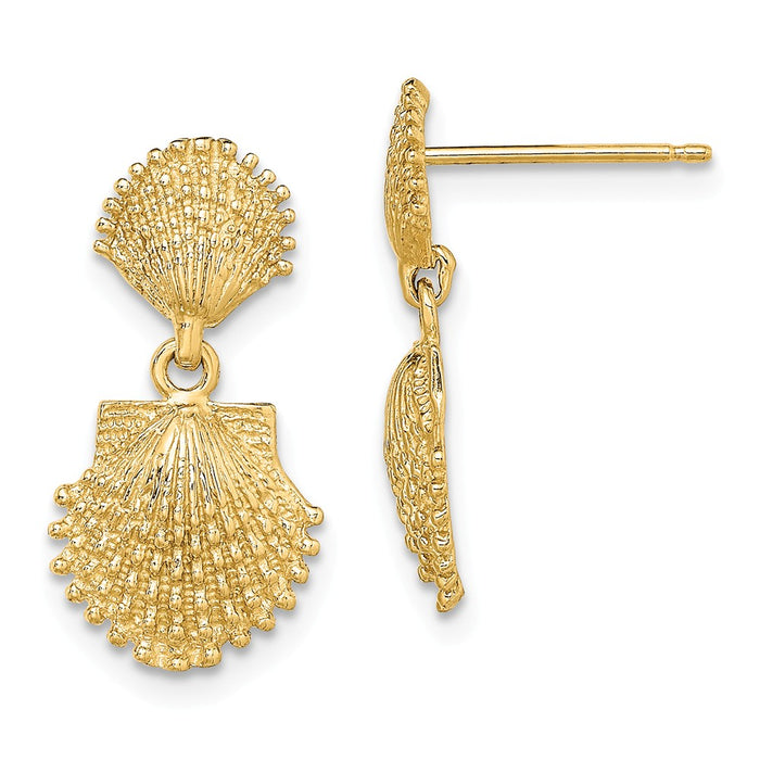 Million Charms 14k Yellow Gold Double Beaded Scallop Shell Dangle Earrings, 20mm x 10.3mm