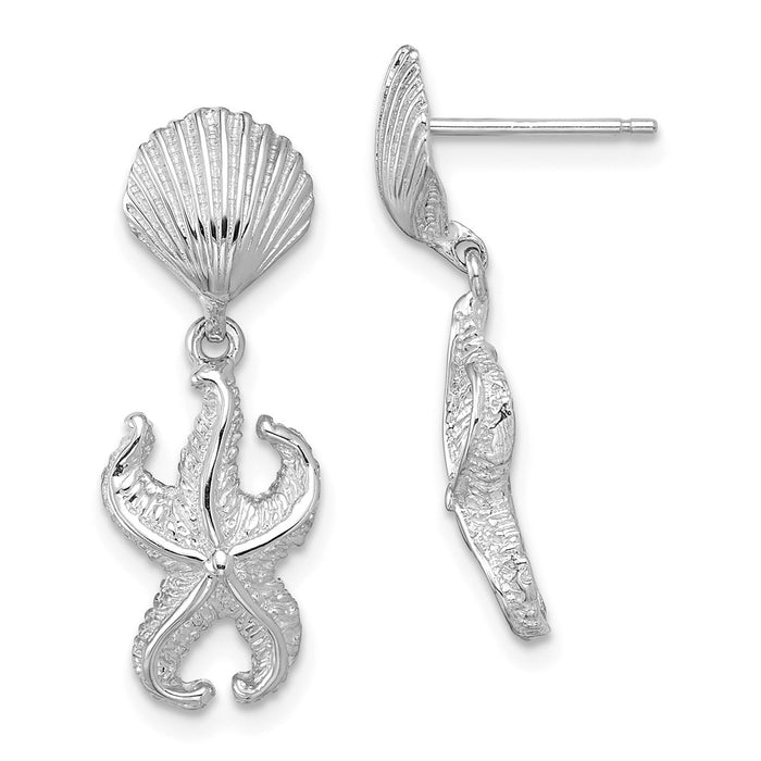Million Charms 14K White Gold Shell &  Starfish Dangle Earrings, 24.5mm x 9.1mm