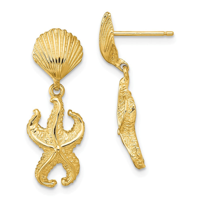 Million Charms 14k Yellow Gold Shell &  Starfish Dangle Earrings, 24.5mm x 9.2mm