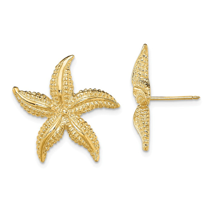 Million Charms 14k Yellow Gold 2-D Polished & Textured Starfish Post Earrings, 22.5mm x 19.25mm