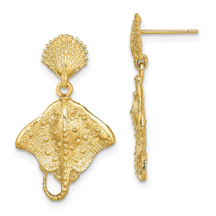 Million Charms 14k Yellow Gold Shell &  Singray Post Dangle Earrings, 25.3mm x 15.5mm