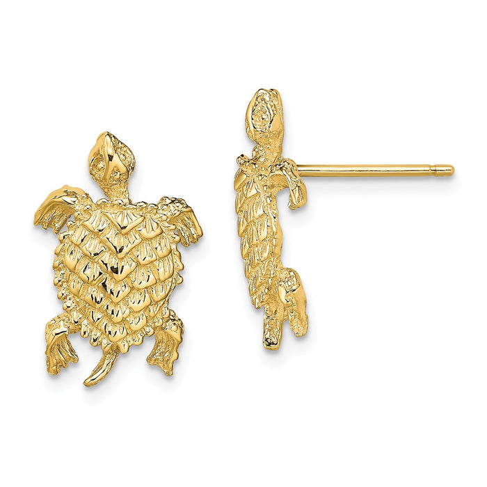 Million Charms 14k Yellow Gold LAND TURTLE POST EARRINGS / TEXTURED, 15.95mm x 10.6mm