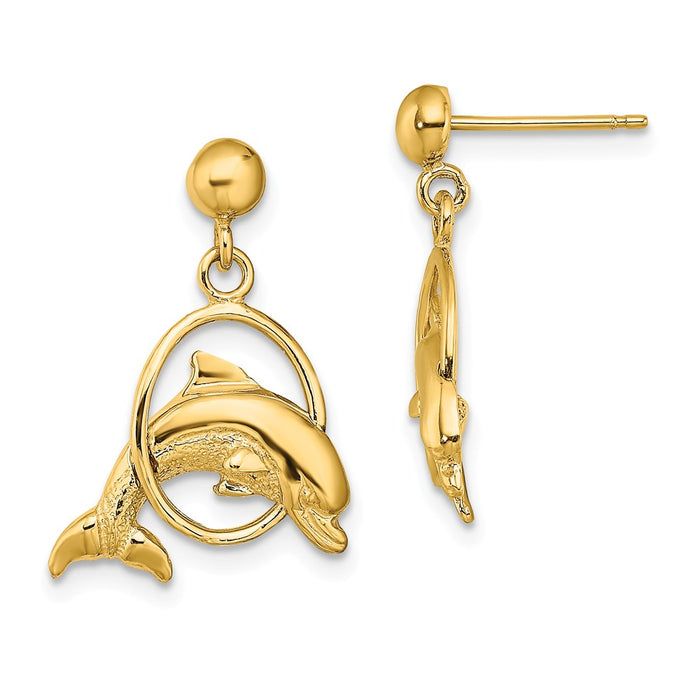 Million Charms 14k Yellow Gold 2-D & Polished Dolphin Jumping Through Hoop Earrings, 22.5mm x 14.75mm