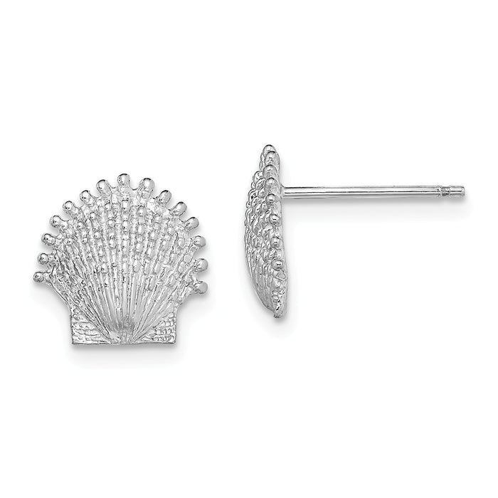 Million Charms 14K White Gold Beaded Scallop Shell Post Earrings, 10.3mm x 10.6mm