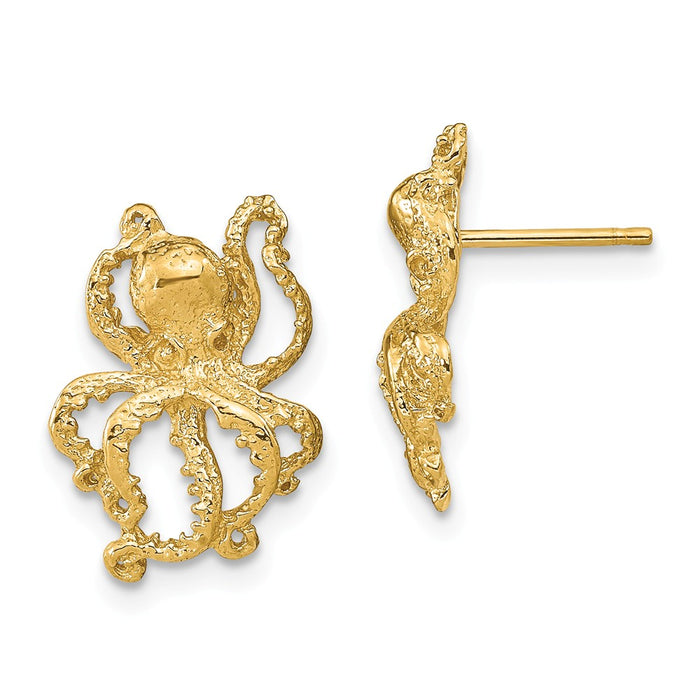 Million Charms 14k Yellow Gold 2-D & Polished Octopus Post Earrings, 16.6mm x 11.2mm