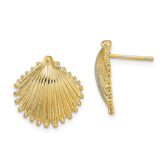 Million Charms 14k Yellow Gold Scallop Shell Post Earrings, 14.75mm x 14.15mm