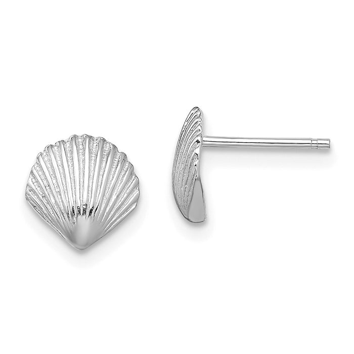 Million Charms 14K White Gold Scallop Shell Post Earrings, 7.8mm x 7.9mm