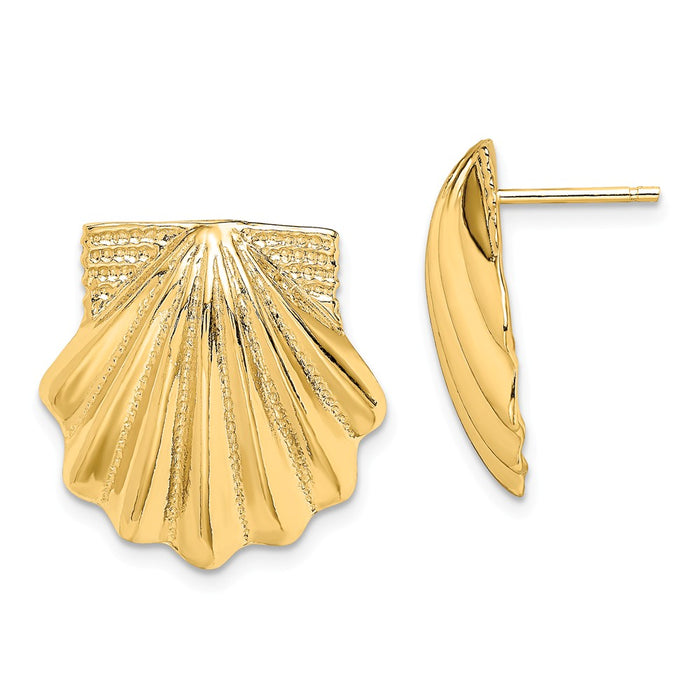 Million Charms 14k Yellow Gold Scallop Shell Earrings, 17.7mm x 17.15mm