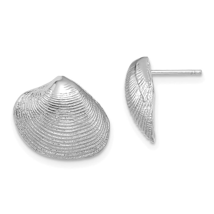 Million Charms 14K White Gold Clam Shell Post Earrings, 12.7mm x 15.1mm