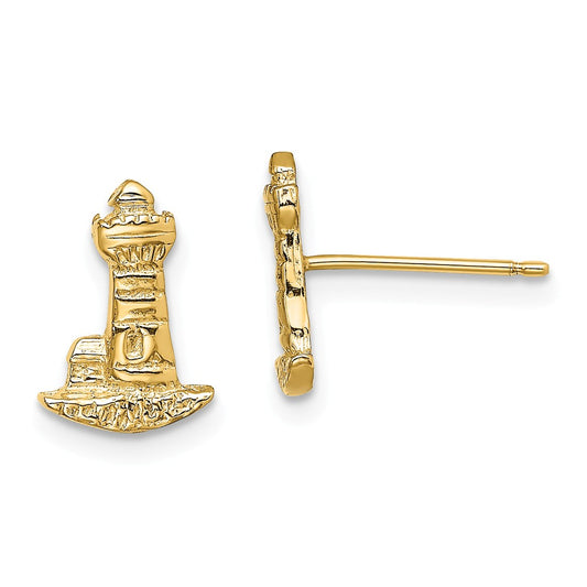Million Charms 14k Yellow Gold LIGHTHOUSE POST EARRINGS, 11mm x 8mm