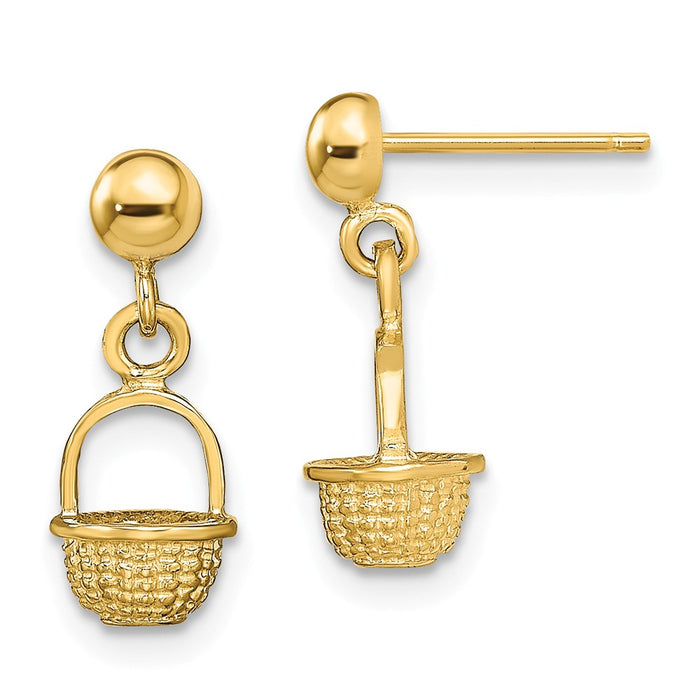 Million Charms 14k Yellow Gold 3-D MINI BASKET DROP EARRINGS, 16.15mm x 6.4mm
