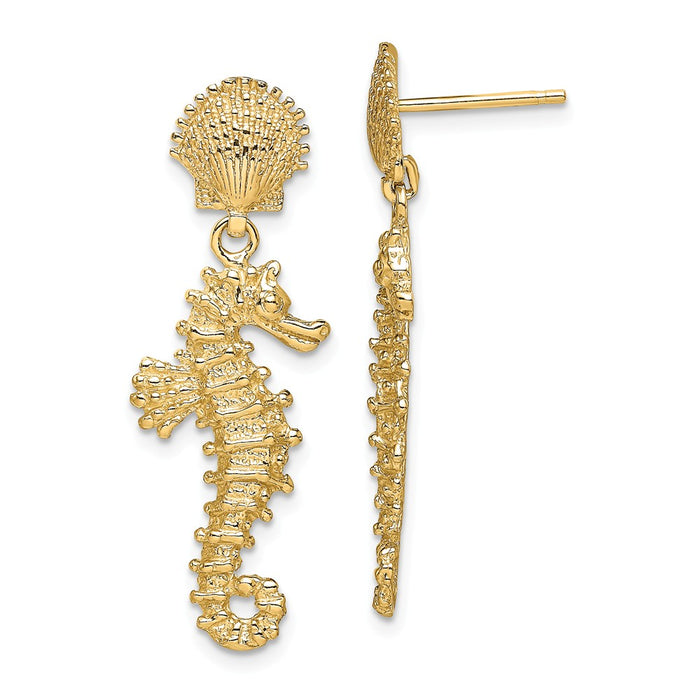 Million Charms 14k Yellow Gold Seahorse Dangling From Shell Earrings, 30.25mm x 11.2mm