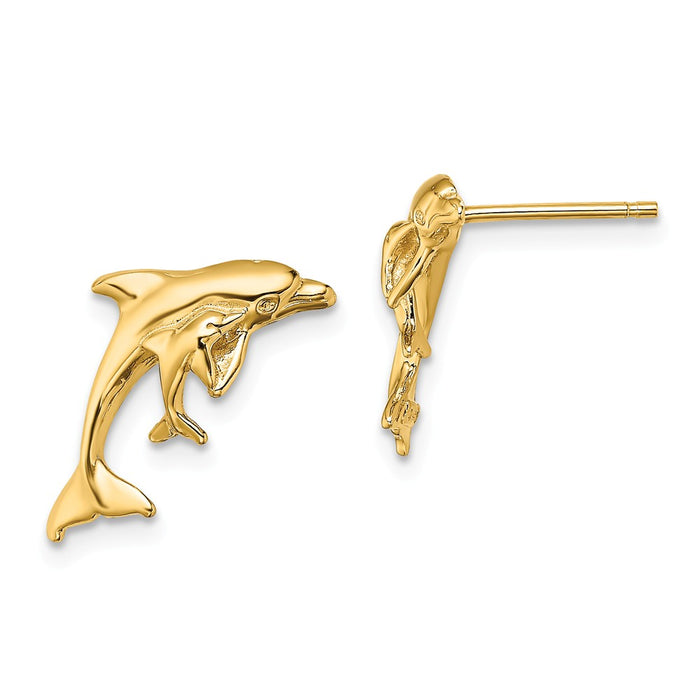 Million Charms 14k Yellow Gold Polished Dolphin & Baby Post Earrings, 17.55mm x 9.85mm